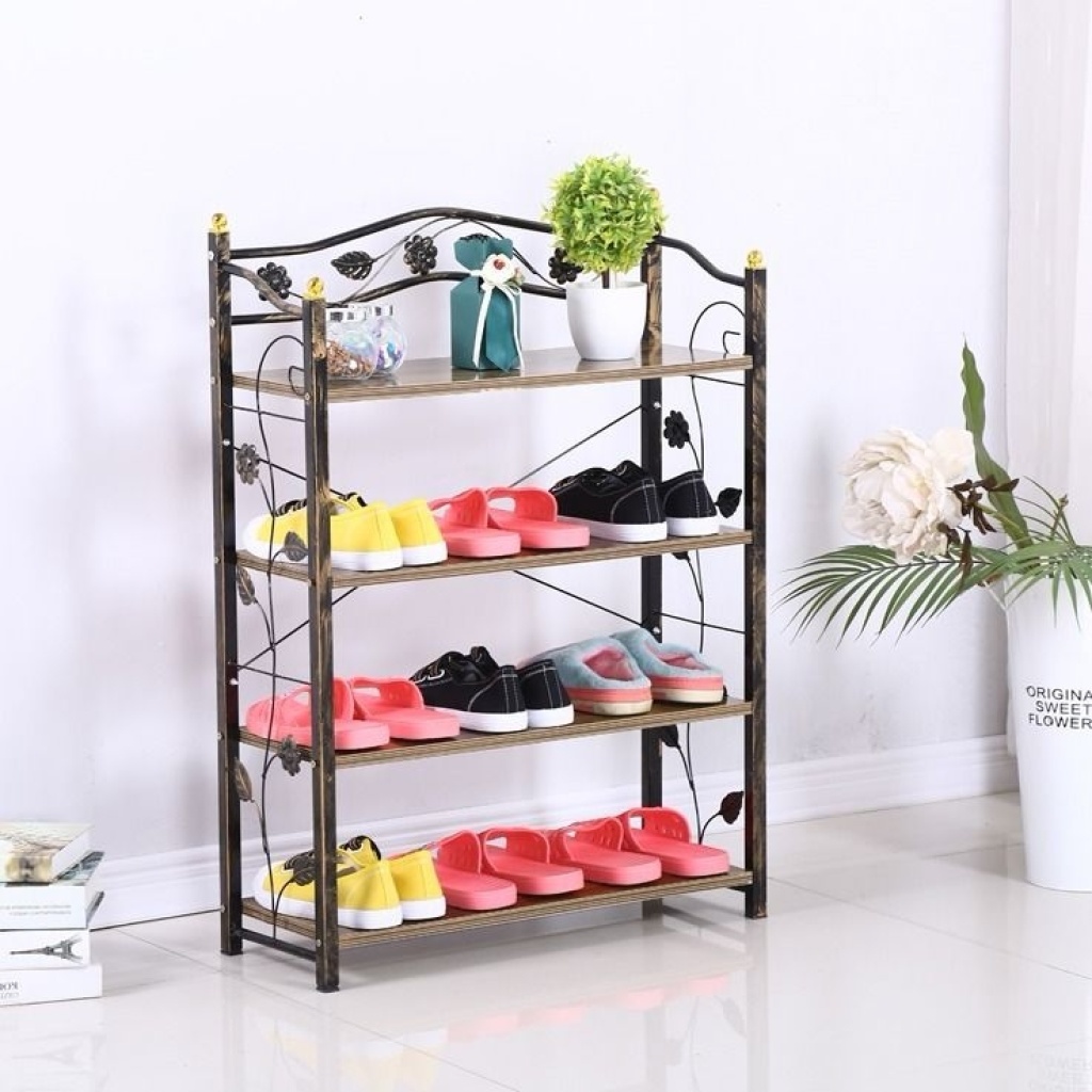 European-Style Retro Solid Wood Plate Iron Simple Shoe Rack Household Living Room 4-Layer Assembly Economical Slippers Shelf European-Style Retro Solid Wood Plate Iron Simple Shoe Rack Household Living Room 4-Layer Assembly Economical Slippers Shelf