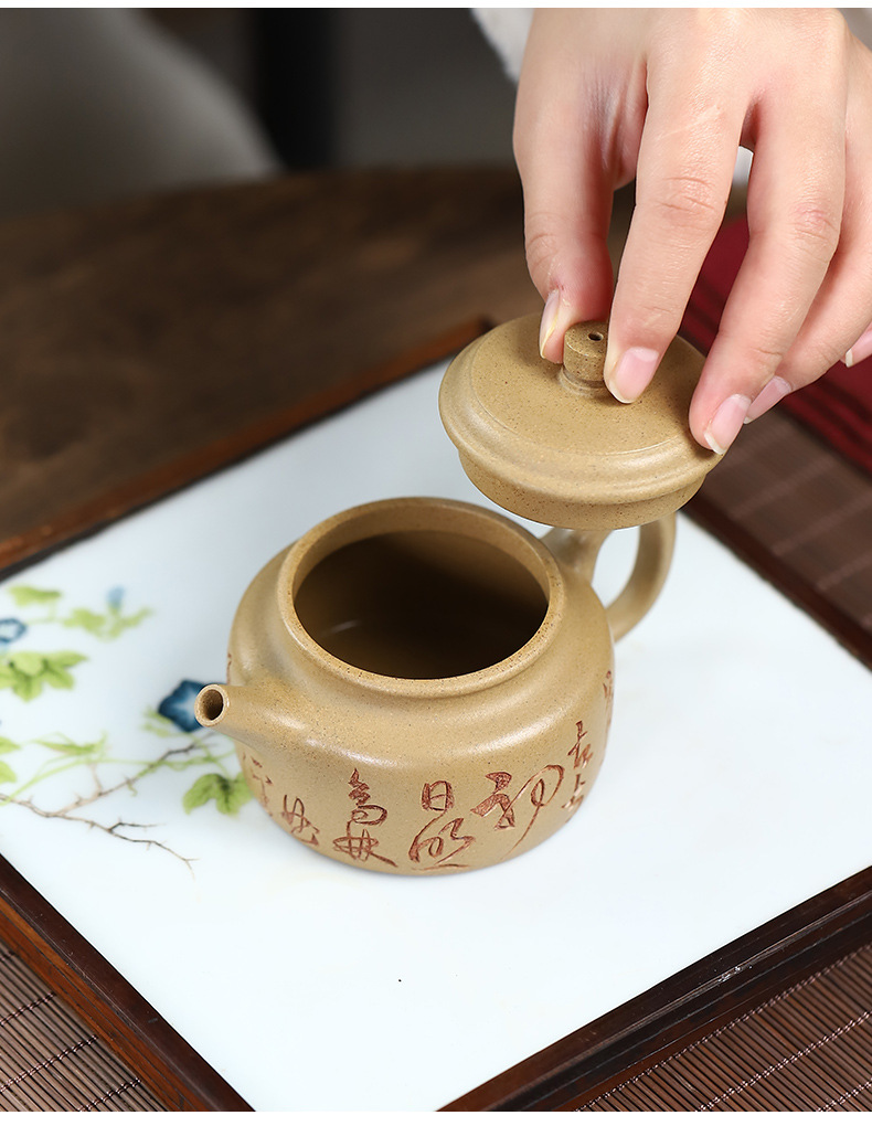 Zisha Teapot Yixing Factory Wholesale Handmade Carved Calligraphy Segment Mud Xiaode Zhong Kung Fu Tea Set Teapot Generation Hair Zisha Teapot Yixing Factory Wholesale Handmade Carved Calligraphy Segment Mud Xiaode Zhong Kung Fu Tea Set Teapot Generation Hair