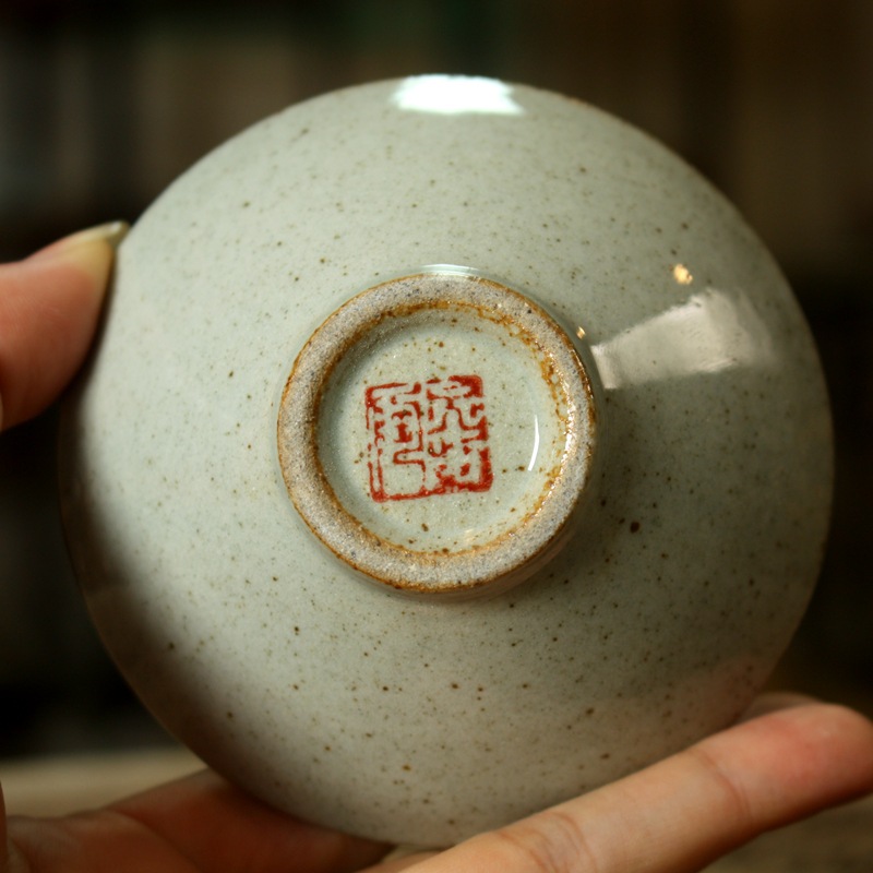 Coarse Pottery Cup Handmade and HandPainted Blue and White Porcelain Calligraphy Teacup Celadon Glaze BambooHat Type Cup