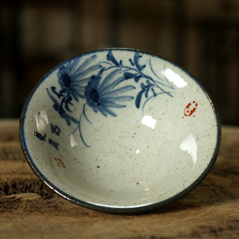 Coarse Pottery Cup Handmade and HandPainted Blue and White Porcelain Calligraphy Teacup Celadon Glaze BambooHat Type Cup