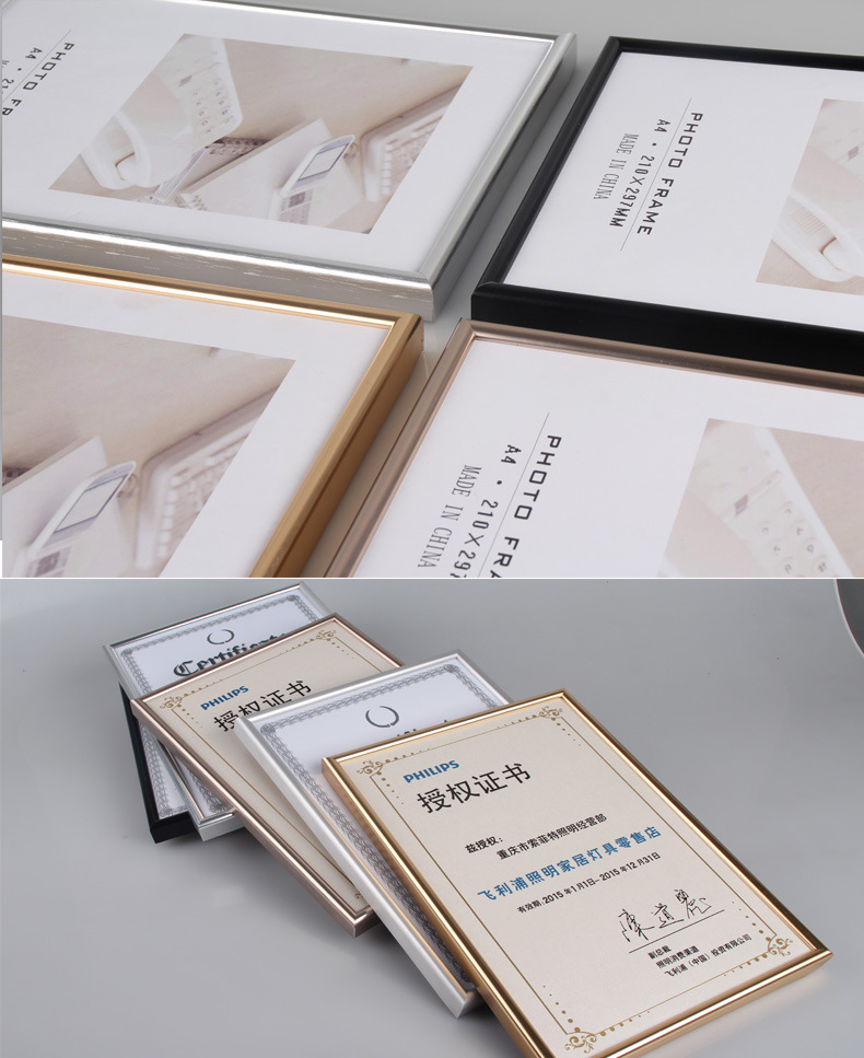 Wholesale Aluminum Alloy Frame Picture Frame Business License Frame A3 Wall-Mounted Aluminum Alloy A4 Photo Frame Customized Certificate Frame Table Decoration