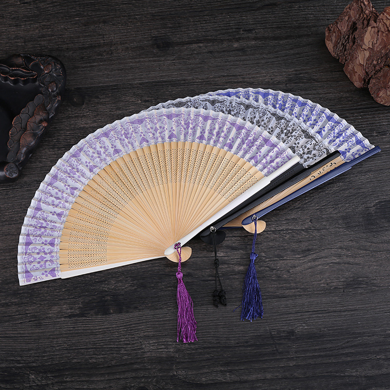 42 Square Chinese Style Painted Blue and White Porcelain Fan Bamboo Fan Craft Gift Daily High-End Female Fan Factory Direct Sales