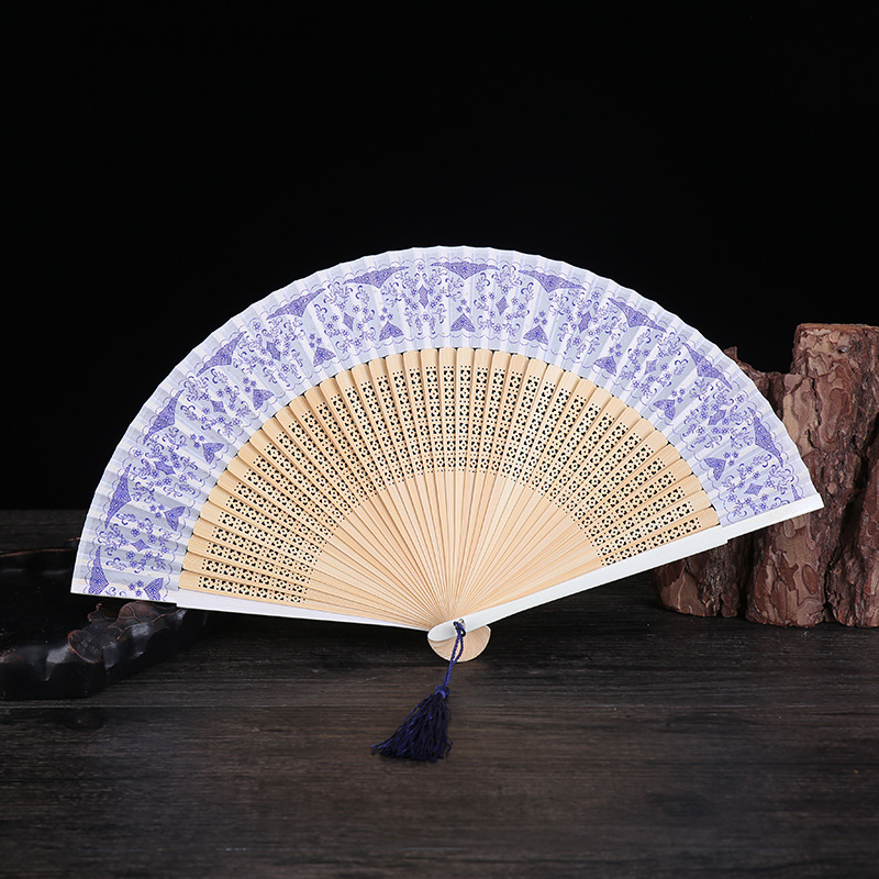42 Square Chinese Style Painted Blue and White Porcelain Fan Bamboo Fan Craft Gift Daily High-End Female Fan Factory Direct Sales
