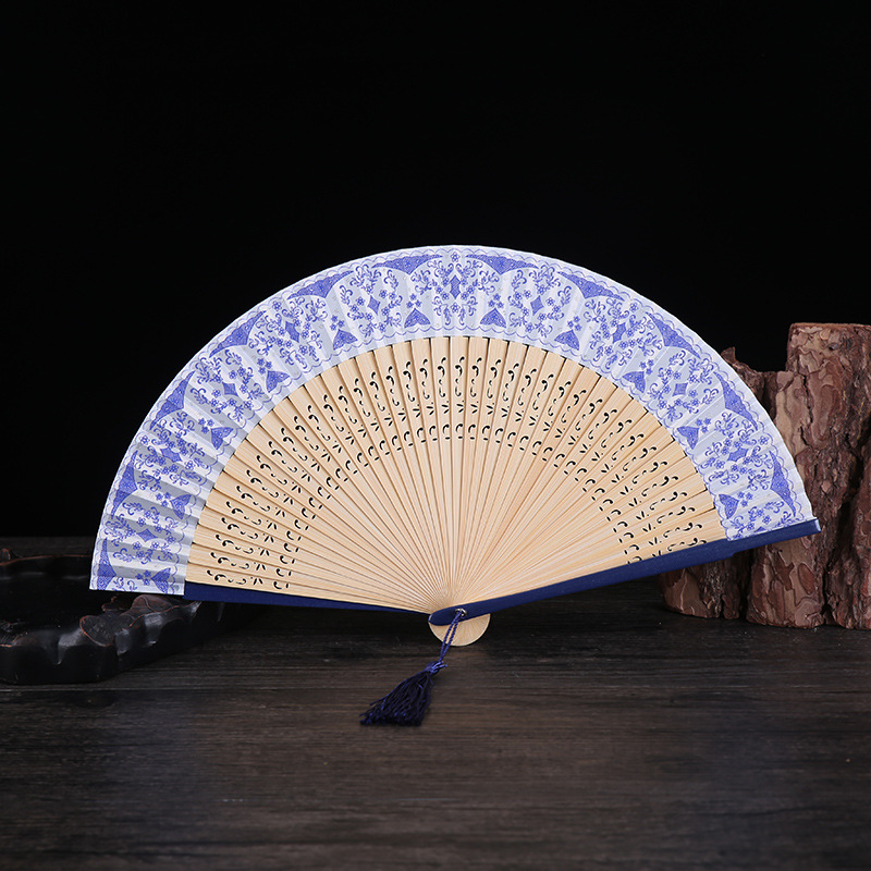 42 Square Chinese Style Painted Blue and White Porcelain Fan Bamboo Fan Craft Gift Daily High-End Female Fan Factory Direct Sales