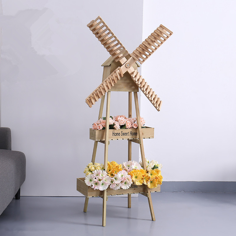 Wood crafts Creative Decorative Home Balcony Wooden Windmill Storage Rack Window Cafe Decoration Large Flower Rack