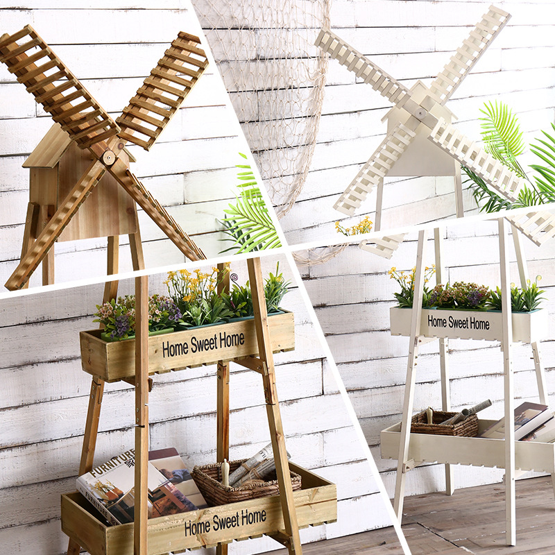 Wood crafts Creative Decorative Home Balcony Wooden Windmill Storage Rack Window Cafe Decoration Large Flower Rack