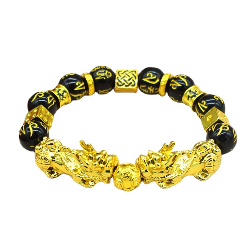Imitation Obsidian Gilt Pixiu Bracelet Men&#039;s and Women&#039;s SixWord Proverb Buddha Beads Bracelet CrossBorder Sold Jewelry