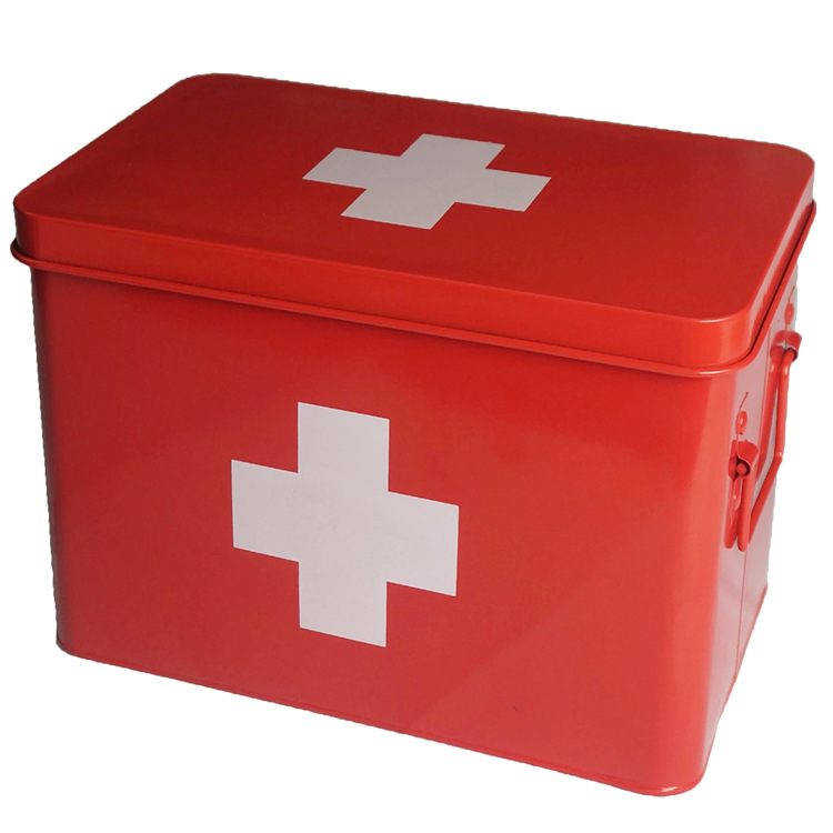 Cross-Amazon Factory Wholesale Large Red White Household First Aid Medicine Box Metal Medicine Storage Box