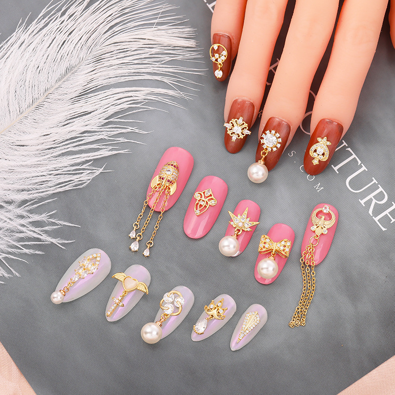 Xiaohongshu Same Style Rhinestone Pearl Nail Chain Jewelry Internet Celebrity Dignified Pendant DIY Nail Diamond Sticker in Stock