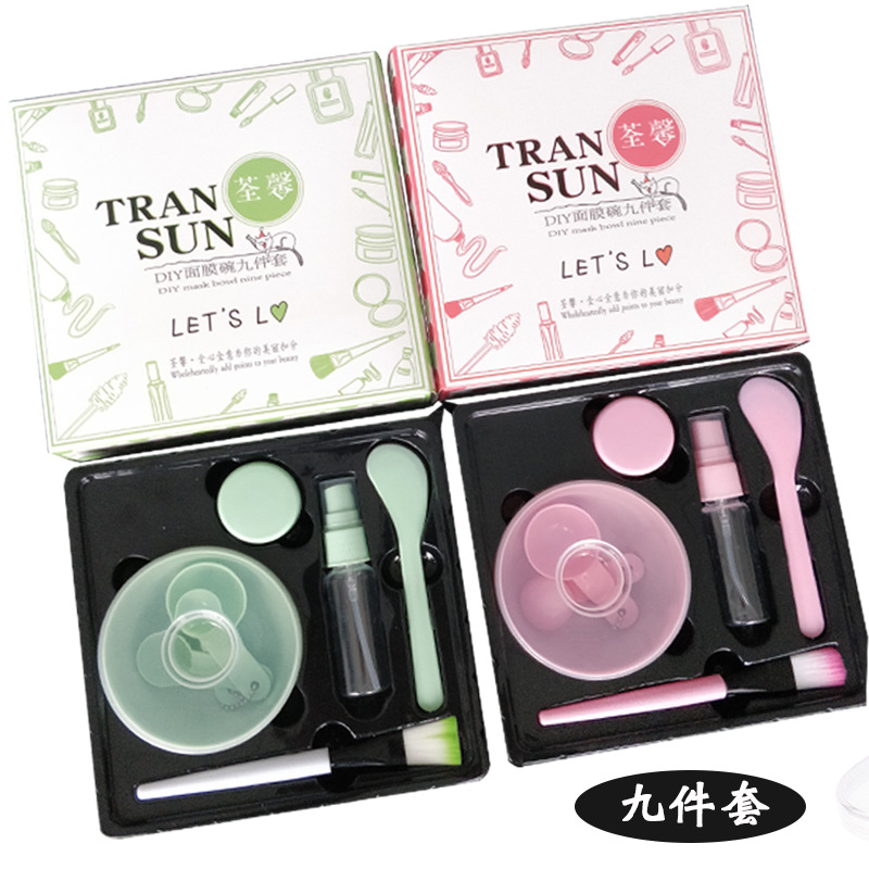 Mask Blending Bowl Sticks Suit 9 PCs Set DIY Tools Makeup Brush Compressed Facial Mask Tissue Bubble Bottle Measuring Spoon with Silicone Brush