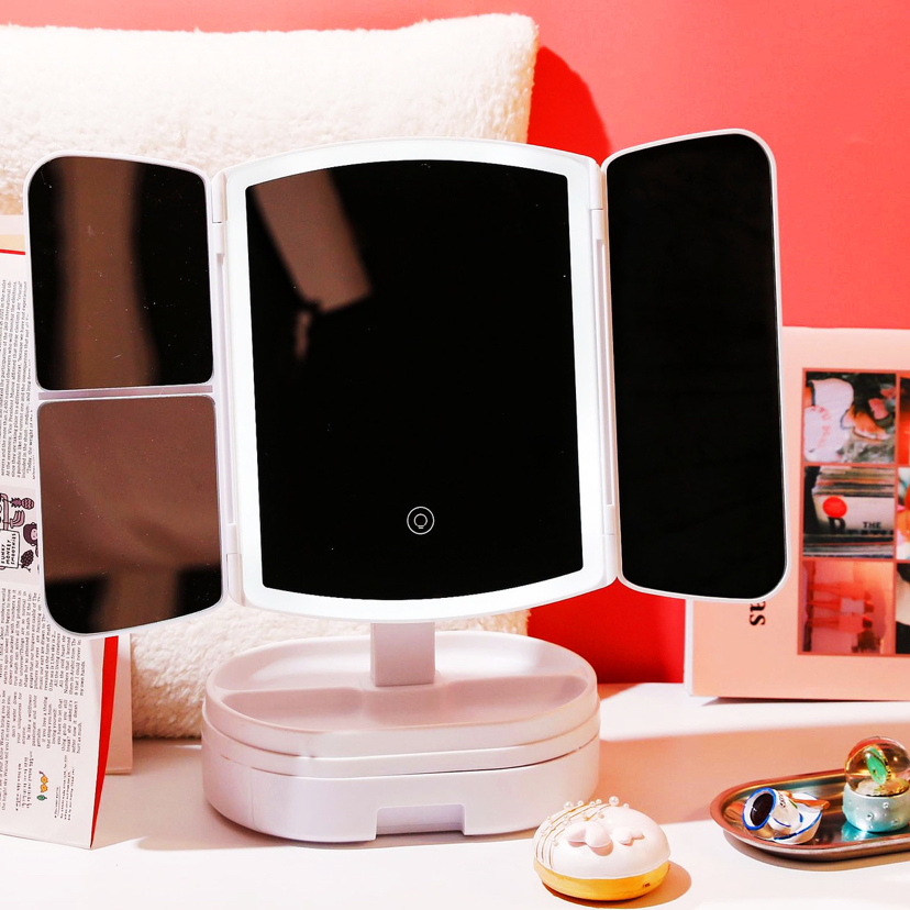 Desktop Vanity Mirror Desktop with Drawer 3 Fold Stack Portable Mirror with Light Fill Light Mirror LED Light Makeup Mirror Desktop Vanity Mirror Desktop with Drawer 3 Fold Stack Portable Mirror with Light Fill Light Mirror LED Light Makeup Mirror