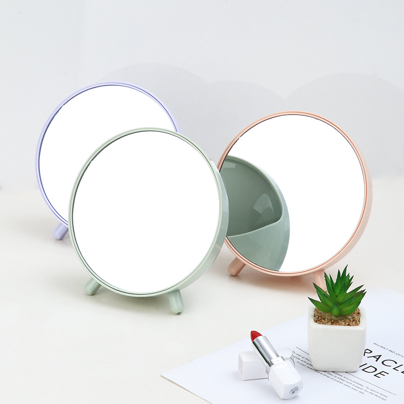 Small round mirror with Storage desk Simple Dressing Mirror Round Portable Student Makeup Mirror Princess