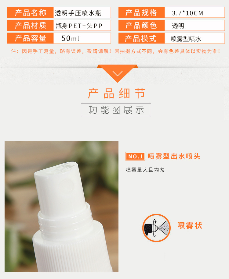 Factory Direct Supply 50ml Spray Bottle Mini-Portable Transparent Cosmetic Subpackaging Small Sample Plastic Bottle Custom Wholesale