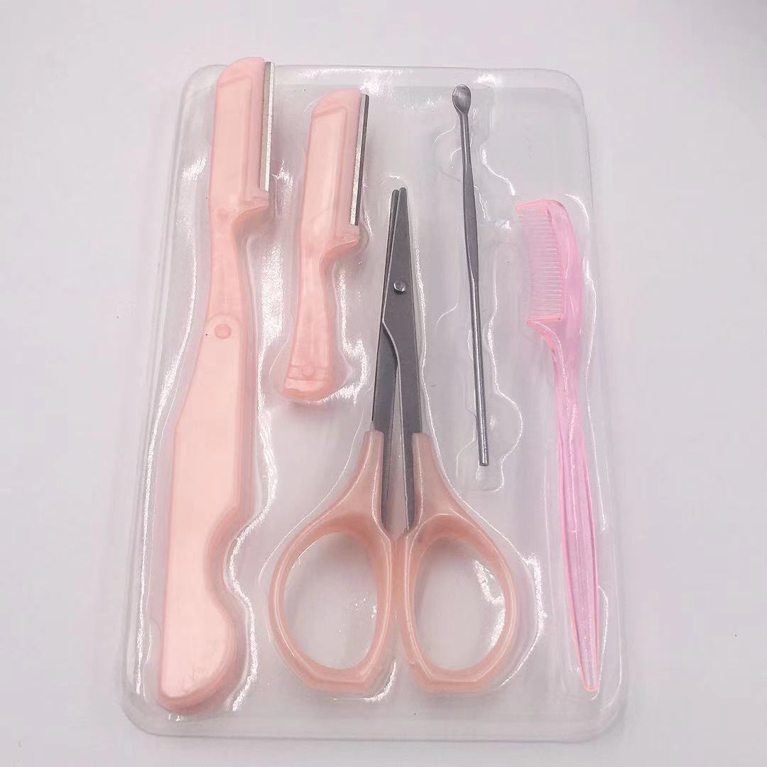 Folding Eye-Brow Knife Eyebrow Trimmer Set Thrush Portable Eye-Brow Knife Eyebrow Scraper Ear Pick Brow Groomer 5-Piece Set Combination