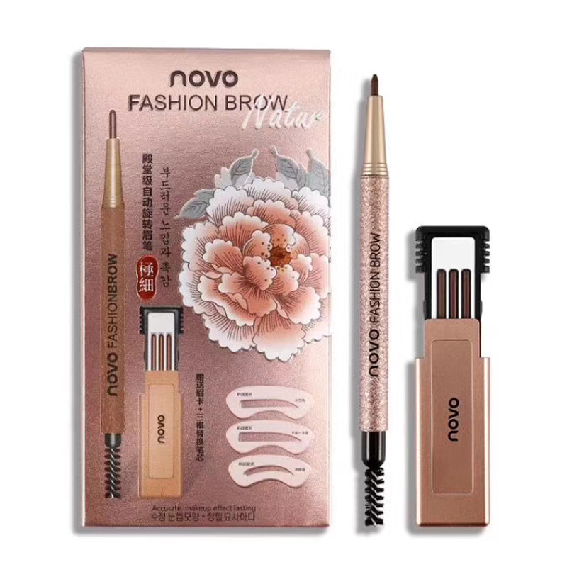 China-Made Makeup Novo Automatic Waterproof Rotation Eyebrow Pencil Beginner Flat Eyebrow Not Smudge Double-Headed Eyebrow Pencil Set