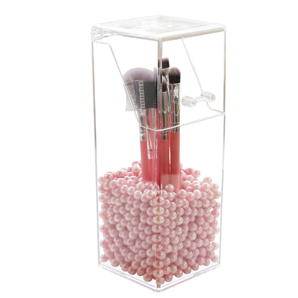 Flip Dustproof Makeup Brush Holder Eyebrow Pencil Brush Holder Acrylic Eyebrow Pencil Storage Box Square Pearl Cosmetic Case Transparent