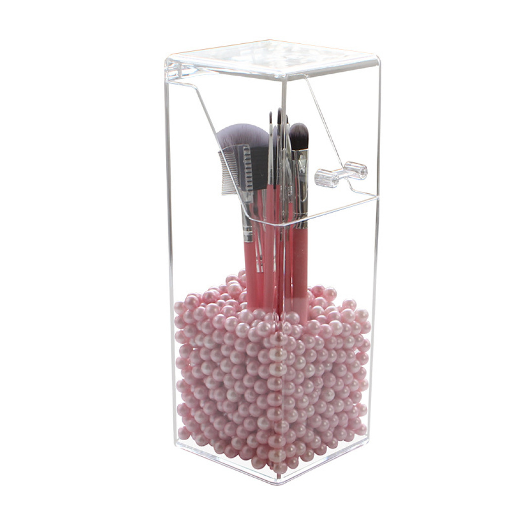 Flip Dustproof Makeup Brush Holder Eyebrow Pencil Brush Holder Acrylic Eyebrow Pencil Storage Box Square Pearl Cosmetic Case Transparent