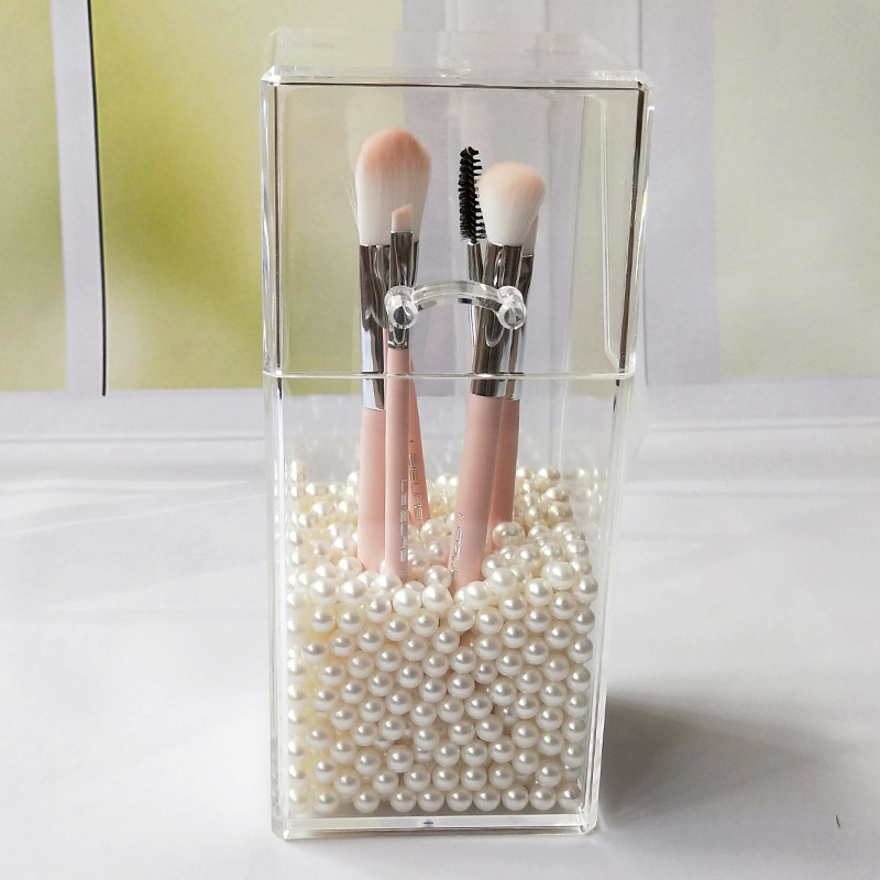 Flip Dustproof Makeup Brush Holder Eyebrow Pencil Brush Holder Acrylic Eyebrow Pencil Storage Box Square Pearl Cosmetic Case Transparent