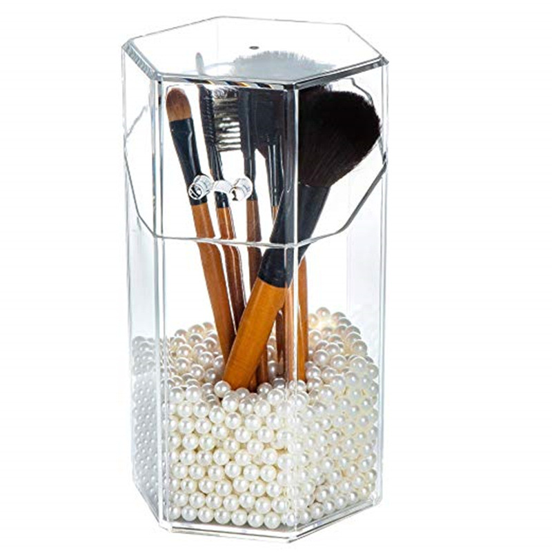 Flip Dustproof Makeup Brush Holder Eyebrow Pencil Brush Holder Acrylic Eyebrow Pencil Storage Box Square Pearl Cosmetic Case Transparent