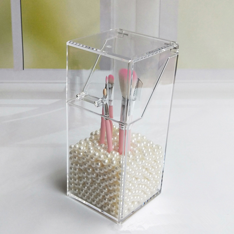 Flip Dustproof Makeup Brush Holder Eyebrow Pencil Brush Holder Acrylic Eyebrow Pencil Storage Box Square Pearl Cosmetic Case Transparent