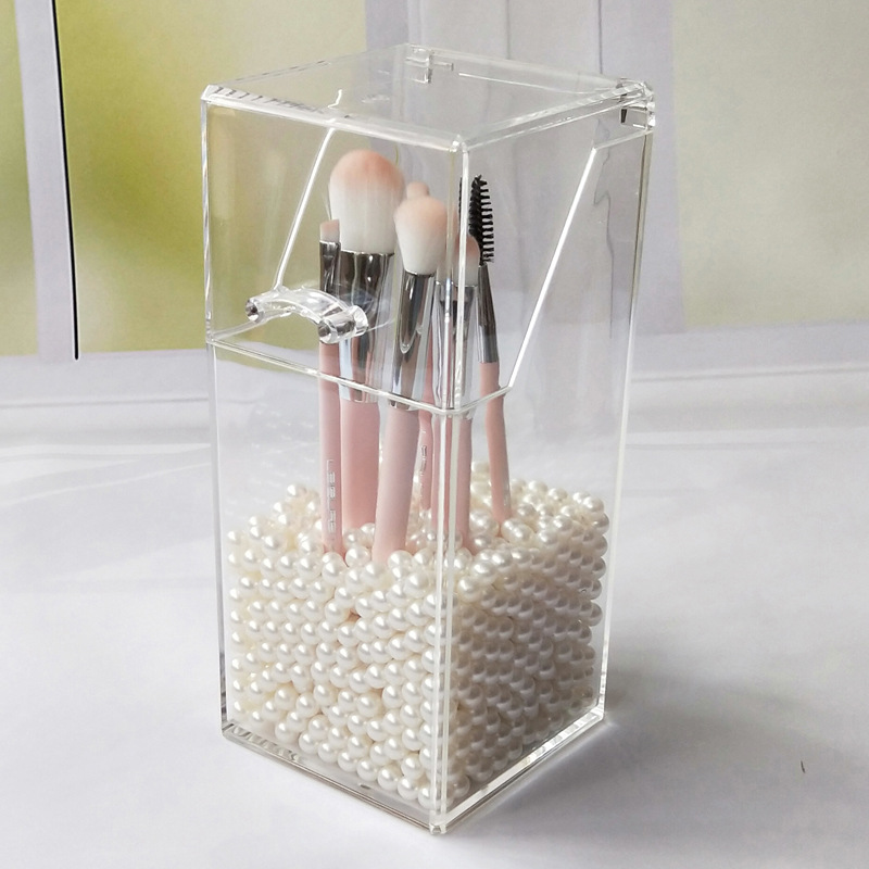 Flip Dustproof Makeup Brush Holder Eyebrow Pencil Brush Holder Acrylic Eyebrow Pencil Storage Box Square Pearl Cosmetic Case Transparent