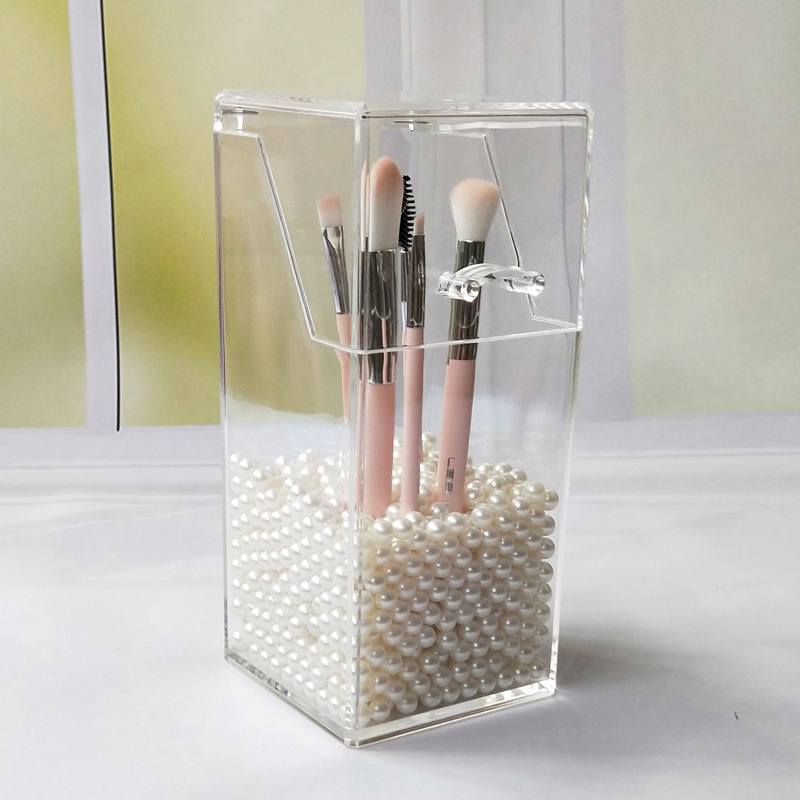 Flip Dustproof Makeup Brush Holder Eyebrow Pencil Brush Holder Acrylic Eyebrow Pencil Storage Box Square Pearl Cosmetic Case Transparent