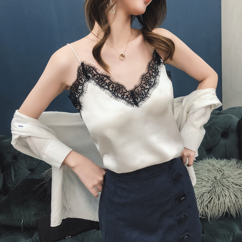 Jialqi Women&#039;s Silk Spaghetti Straps Outerwear Vest Women&#039;s Summer Eyelashes Lace V-neck Chiffon Loose Bottoming Shirt