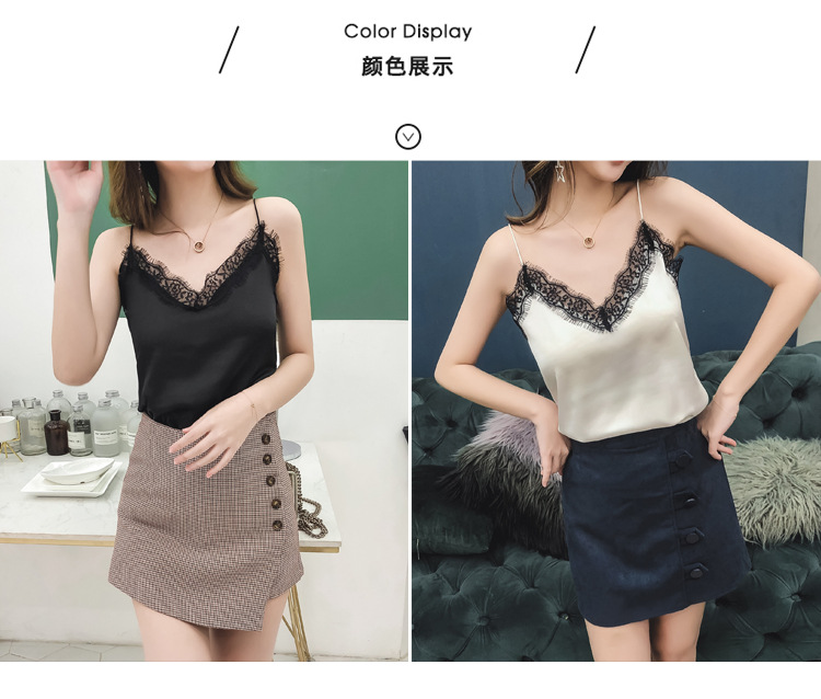 Jialqi Women's Silk Spaghetti Straps Outerwear Vest Women's Summer Eyelashes Lace V-neck Chiffon Loose Bottoming Shirt
