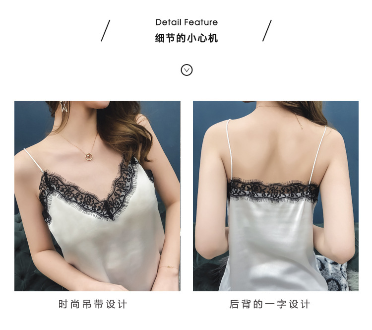 Jialqi Women's Silk Spaghetti Straps Outerwear Vest Women's Summer Eyelashes Lace V-neck Chiffon Loose Bottoming Shirt
