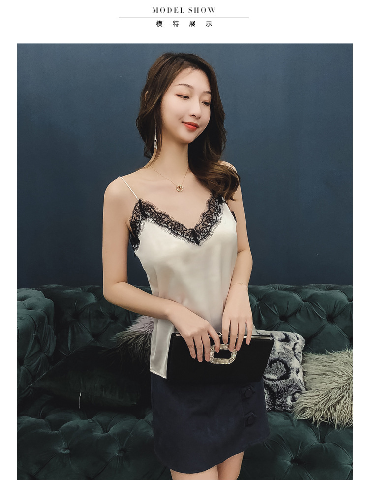 Jialqi Women's Silk Spaghetti Straps Outerwear Vest Women's Summer Eyelashes Lace V-neck Chiffon Loose Bottoming Shirt