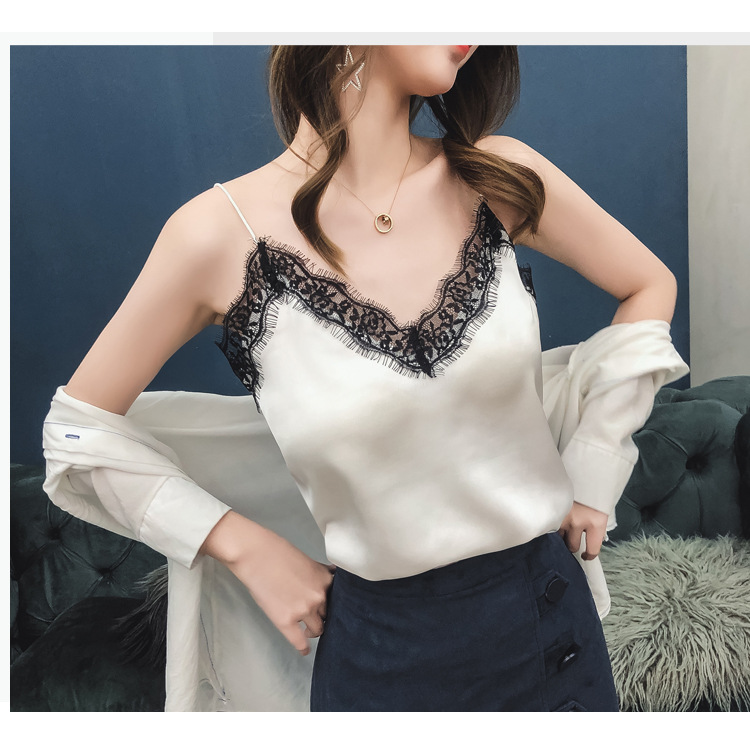 Jialqi Women's Silk Spaghetti Straps Outerwear Vest Women's Summer Eyelashes Lace V-neck Chiffon Loose Bottoming Shirt