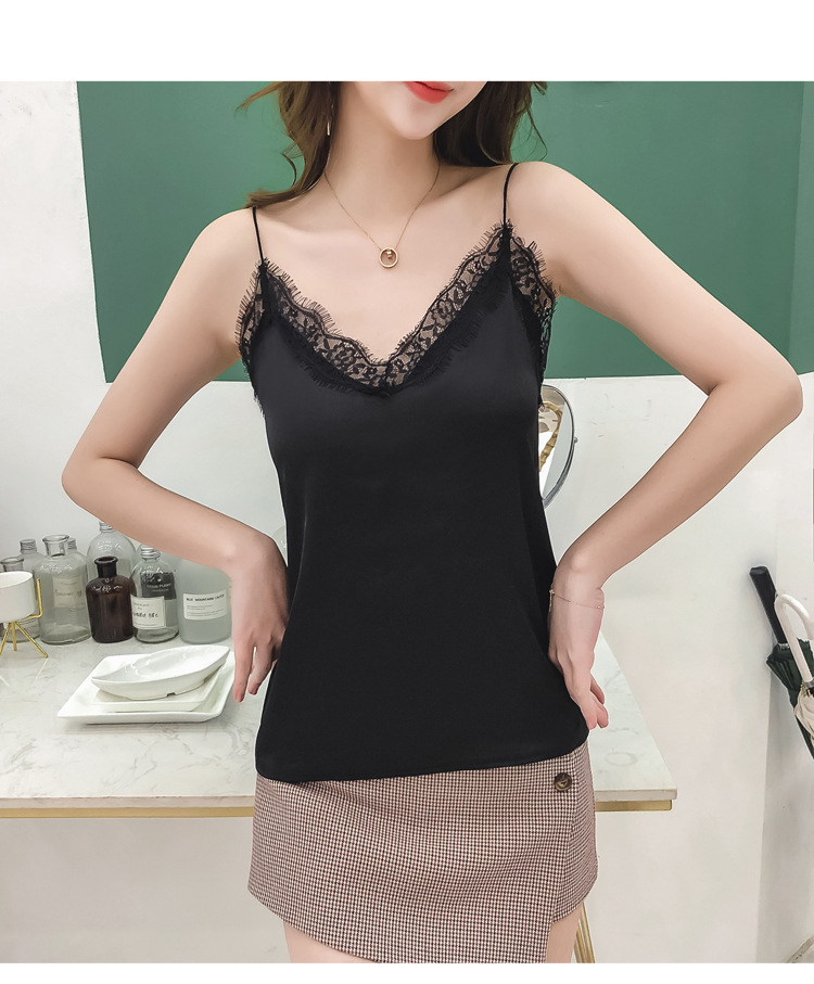 Jialqi Women's Silk Spaghetti Straps Outerwear Vest Women's Summer Eyelashes Lace V-neck Chiffon Loose Bottoming Shirt
