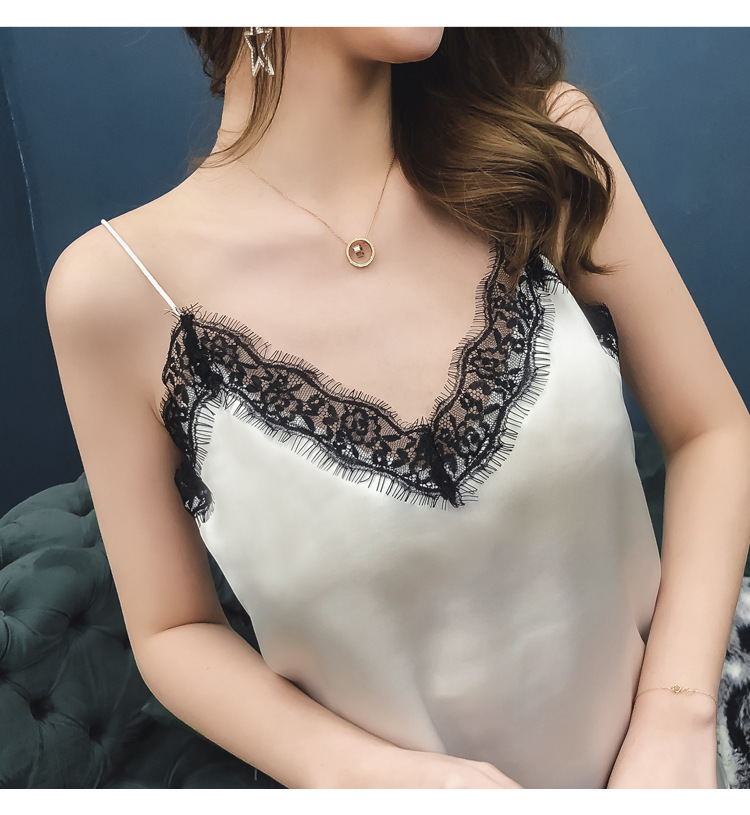 Jialqi Women's Silk Spaghetti Straps Outerwear Vest Women's Summer Eyelashes Lace V-neck Chiffon Loose Bottoming Shirt