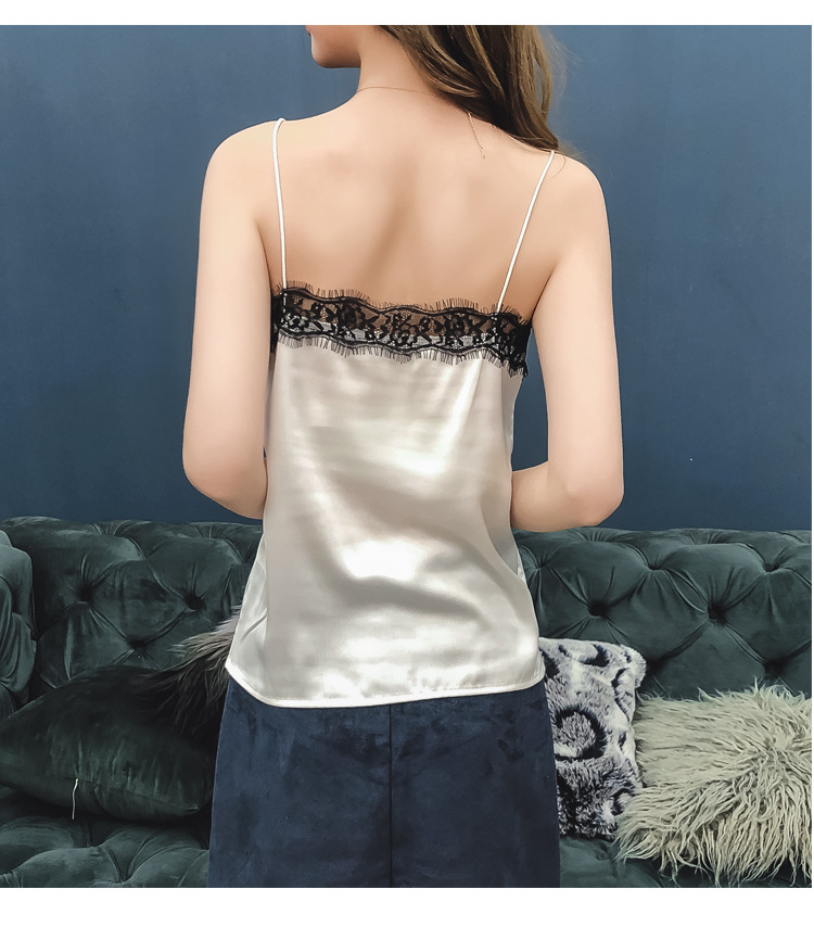 Jialqi Women's Silk Spaghetti Straps Outerwear Vest Women's Summer Eyelashes Lace V-neck Chiffon Loose Bottoming Shirt