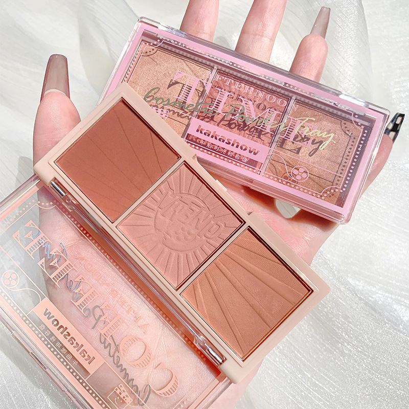 Kakashow Three Colors Blusher Plate Natural Nude Rouge Afternoon Tea Blush Highlight Contour Compact Autumn and Winter Warm Female