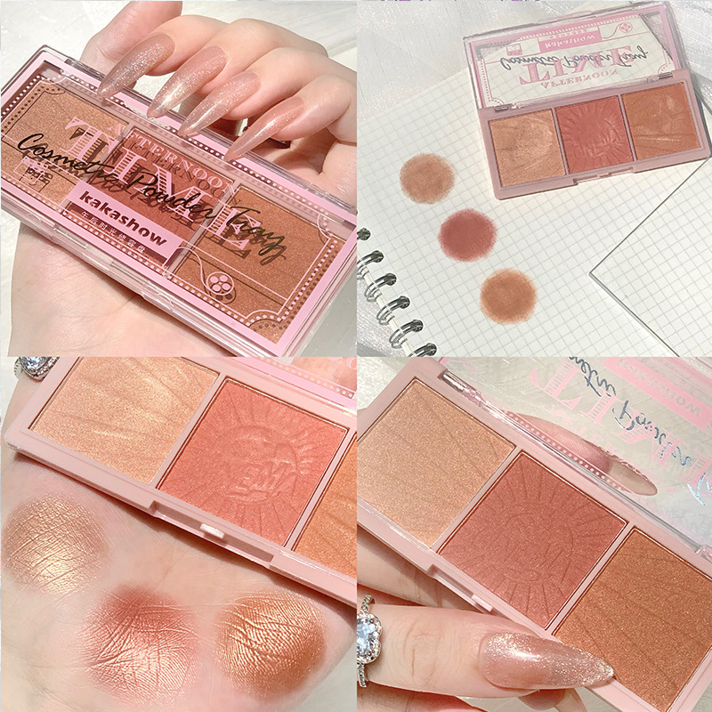 Kakashow Three Colors Blusher Plate Natural Nude Rouge Afternoon Tea Blush Highlight Contour Compact Autumn and Winter Warm Female