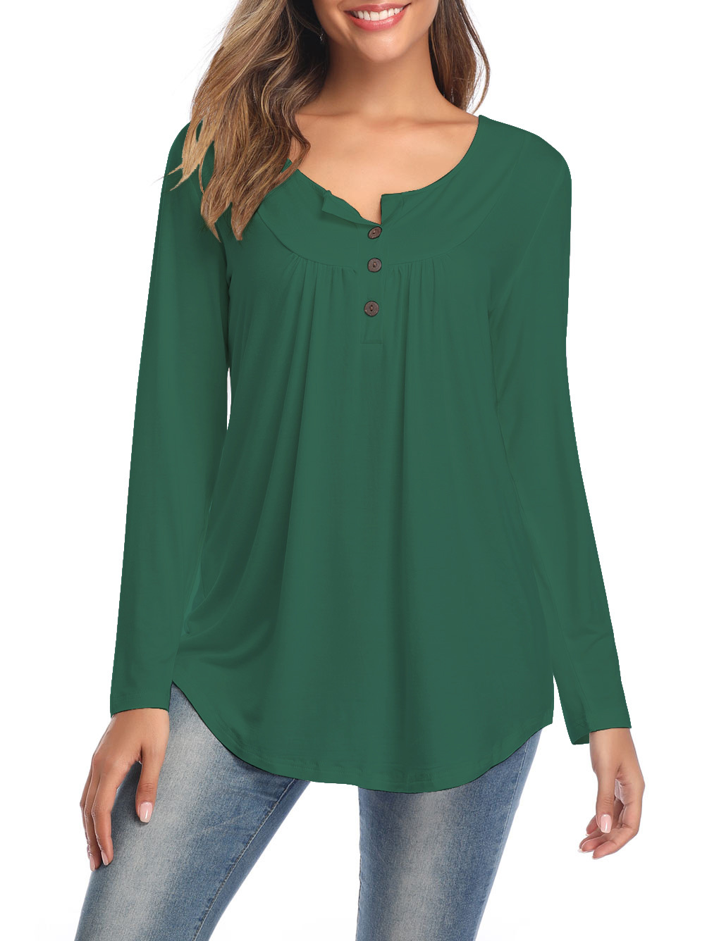 Amazon Popular 2019 Autumn New Large Size Dress V-neck Button Long-Sleeved Upper Garment Plain Pleated Loose T-shirt Amazon Popular 2019 Autumn New Large Size Dress V-neck Button Long-Sleeved Upper Garment Plain Pleated Loose T-shirt