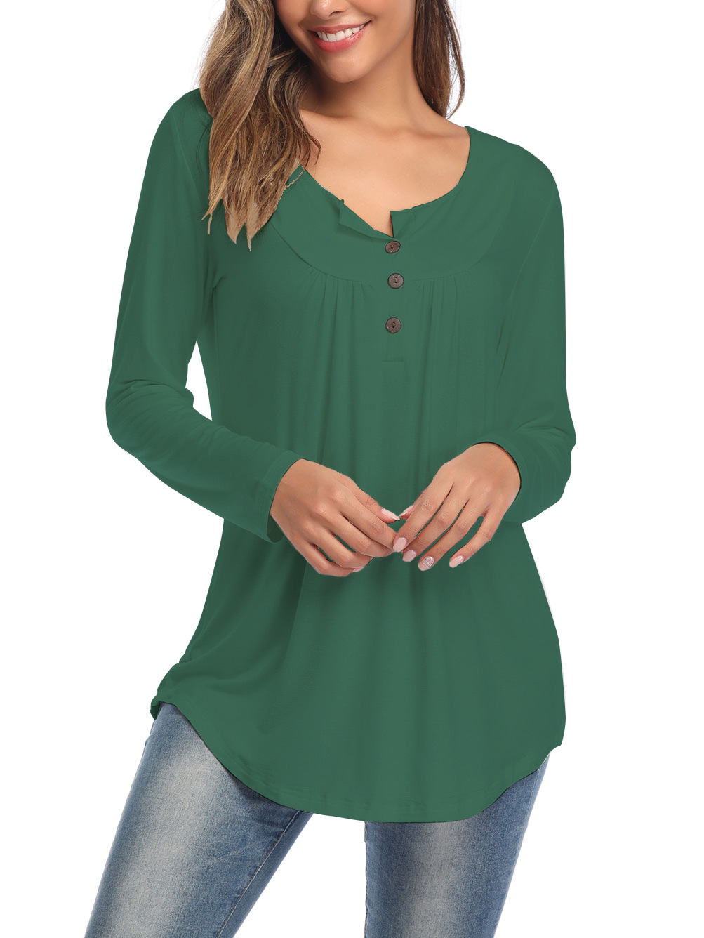 Amazon Popular 2019 Autumn New Large Size Dress V-neck Button Long-Sleeved Upper Garment Plain Pleated Loose T-shirt Amazon Popular 2019 Autumn New Large Size Dress V-neck Button Long-Sleeved Upper Garment Plain Pleated Loose T-shirt