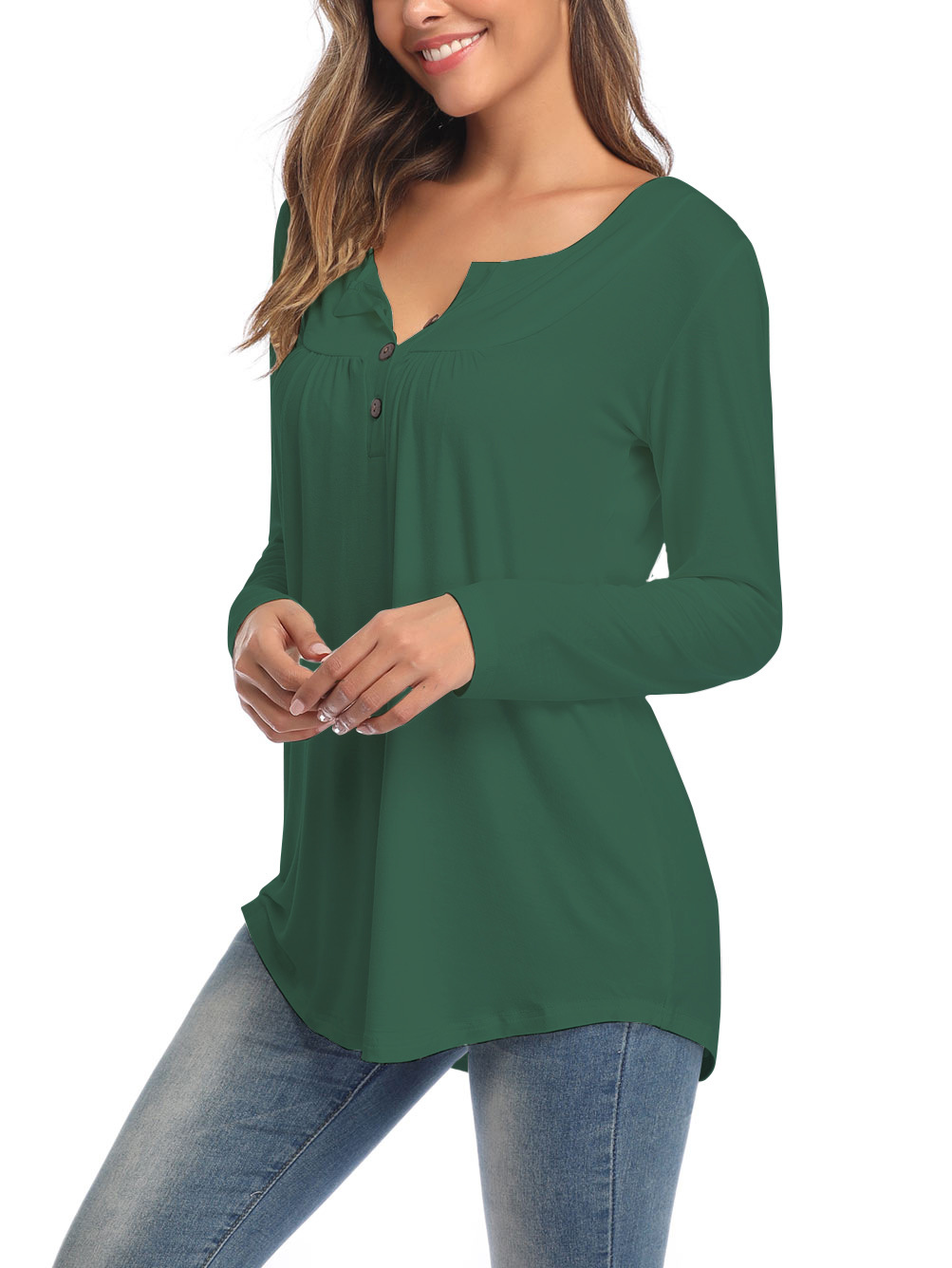 Amazon Popular 2019 Autumn New Large Size Dress V-neck Button Long-Sleeved Upper Garment Plain Pleated Loose T-shirt Amazon Popular 2019 Autumn New Large Size Dress V-neck Button Long-Sleeved Upper Garment Plain Pleated Loose T-shirt