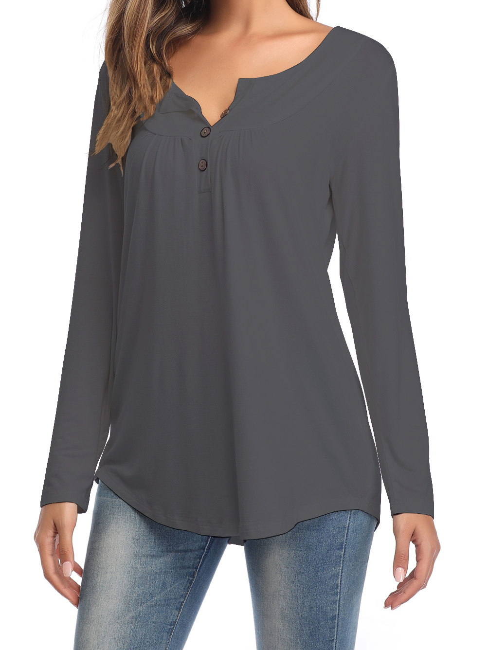 Amazon Popular 2019 Autumn New Large Size Dress V-neck Button Long-Sleeved Upper Garment Plain Pleated Loose T-shirt Amazon Popular 2019 Autumn New Large Size Dress V-neck Button Long-Sleeved Upper Garment Plain Pleated Loose T-shirt