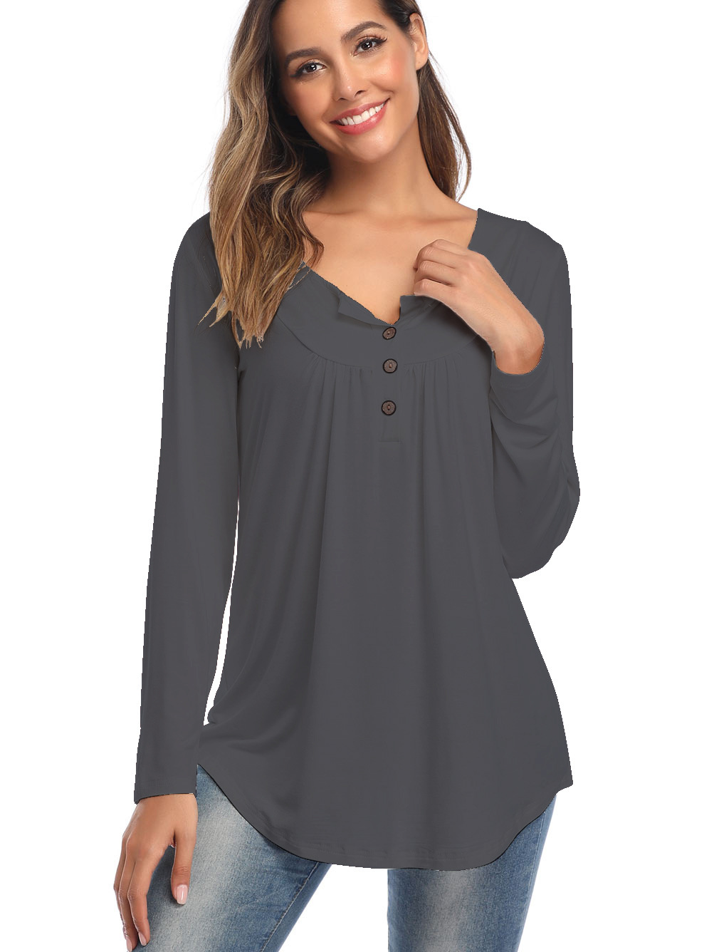 Amazon Popular 2019 Autumn New Large Size Dress V-neck Button Long-Sleeved Upper Garment Plain Pleated Loose T-shirt Amazon Popular 2019 Autumn New Large Size Dress V-neck Button Long-Sleeved Upper Garment Plain Pleated Loose T-shirt
