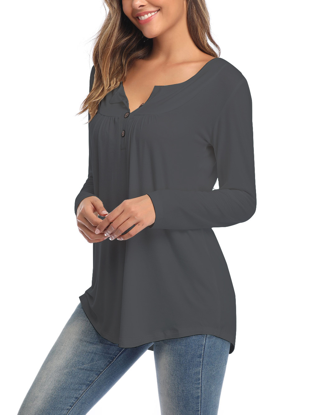 Amazon Popular 2019 Autumn New Large Size Dress V-neck Button Long-Sleeved Upper Garment Plain Pleated Loose T-shirt Amazon Popular 2019 Autumn New Large Size Dress V-neck Button Long-Sleeved Upper Garment Plain Pleated Loose T-shirt