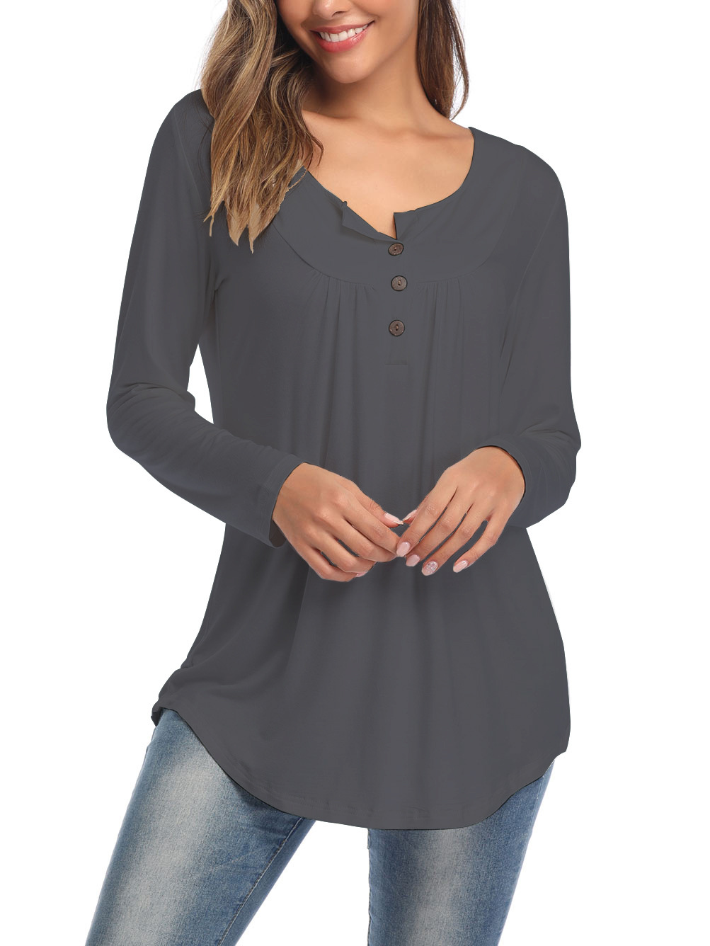 Amazon Popular 2019 Autumn New Large Size Dress V-neck Button Long-Sleeved Upper Garment Plain Pleated Loose T-shirt Amazon Popular 2019 Autumn New Large Size Dress V-neck Button Long-Sleeved Upper Garment Plain Pleated Loose T-shirt