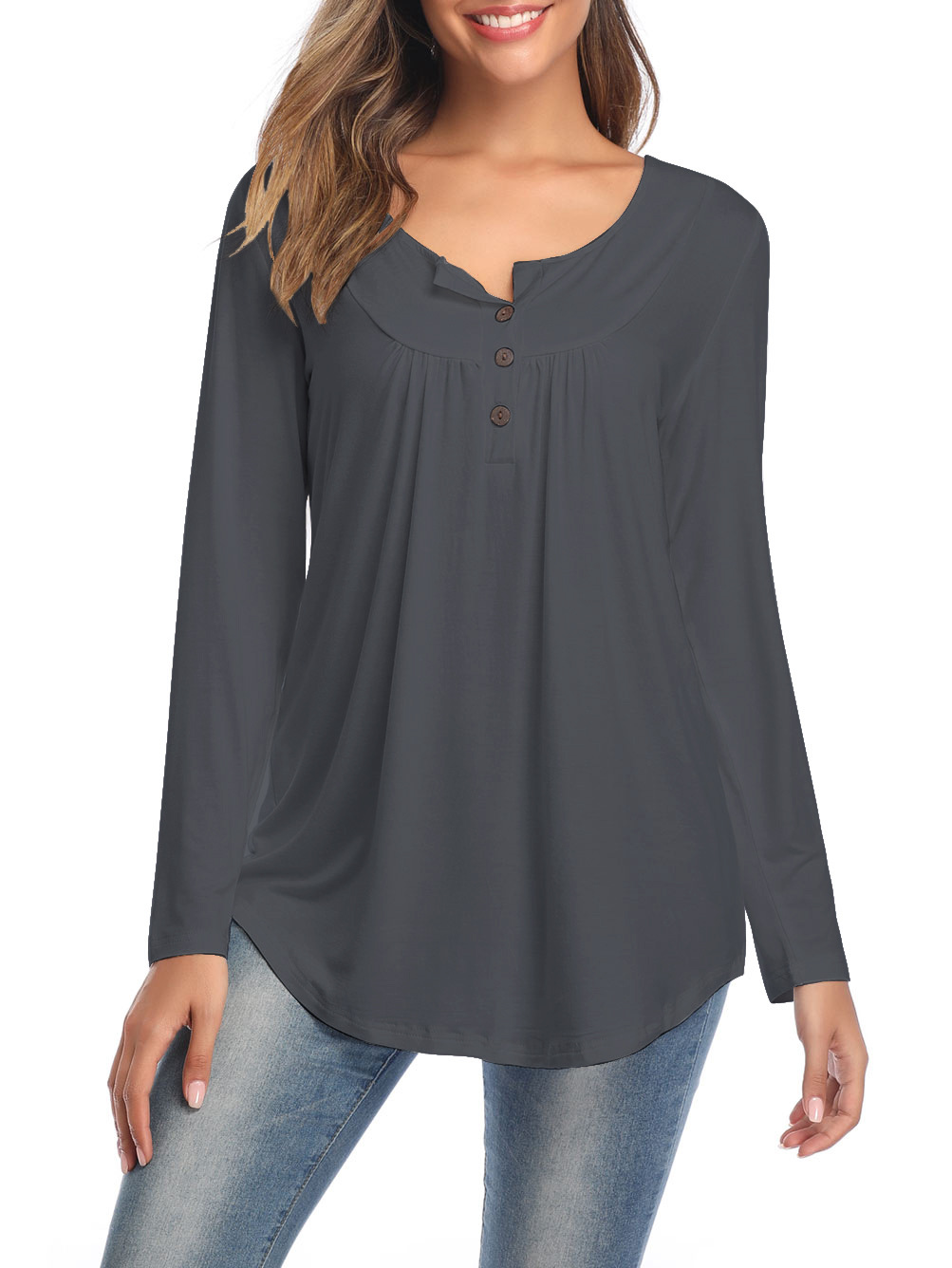 Amazon Popular 2019 Autumn New Large Size Dress V-neck Button Long-Sleeved Upper Garment Plain Pleated Loose T-shirt Amazon Popular 2019 Autumn New Large Size Dress V-neck Button Long-Sleeved Upper Garment Plain Pleated Loose T-shirt