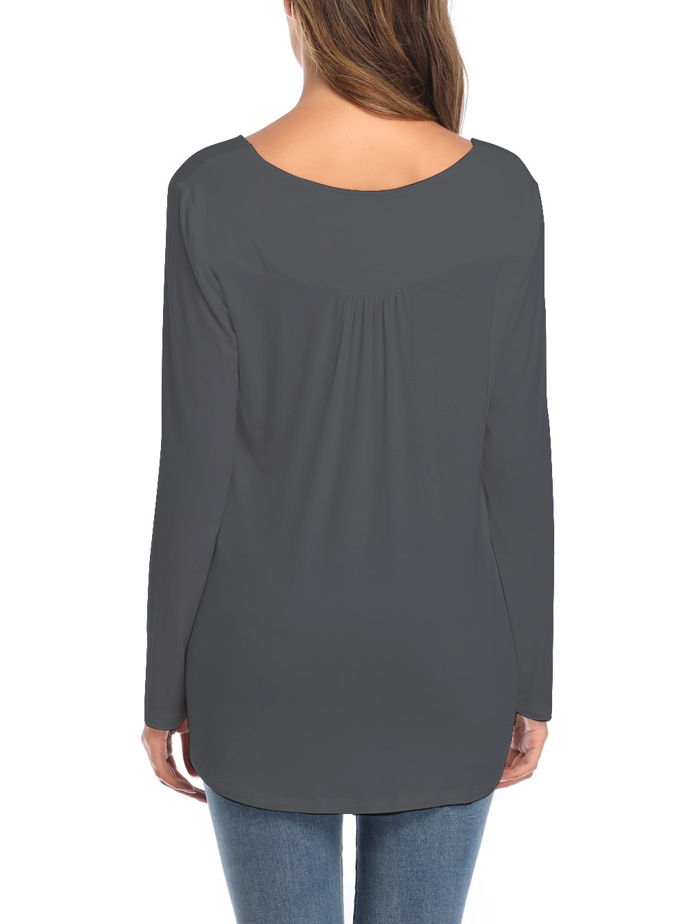Amazon Popular 2019 Autumn New Large Size Dress V-neck Button Long-Sleeved Upper Garment Plain Pleated Loose T-shirt Amazon Popular 2019 Autumn New Large Size Dress V-neck Button Long-Sleeved Upper Garment Plain Pleated Loose T-shirt