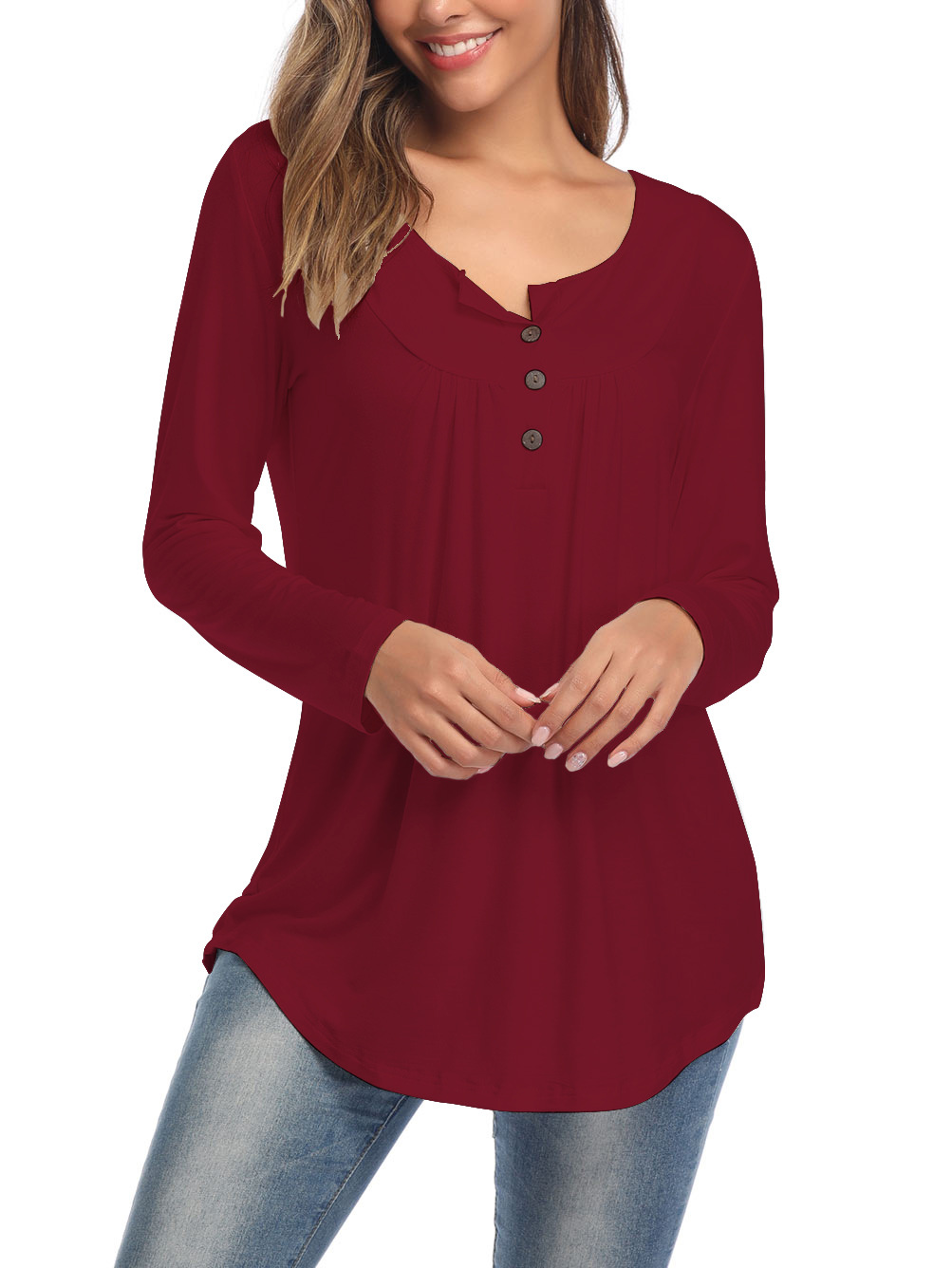 Amazon Popular 2019 Autumn New Large Size Dress V-neck Button Long-Sleeved Upper Garment Plain Pleated Loose T-shirt Amazon Popular 2019 Autumn New Large Size Dress V-neck Button Long-Sleeved Upper Garment Plain Pleated Loose T-shirt