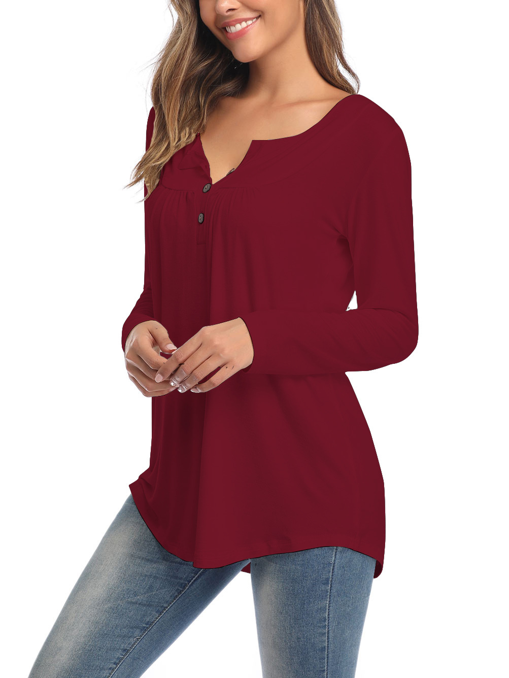 Amazon Popular 2019 Autumn New Large Size Dress V-neck Button Long-Sleeved Upper Garment Plain Pleated Loose T-shirt Amazon Popular 2019 Autumn New Large Size Dress V-neck Button Long-Sleeved Upper Garment Plain Pleated Loose T-shirt