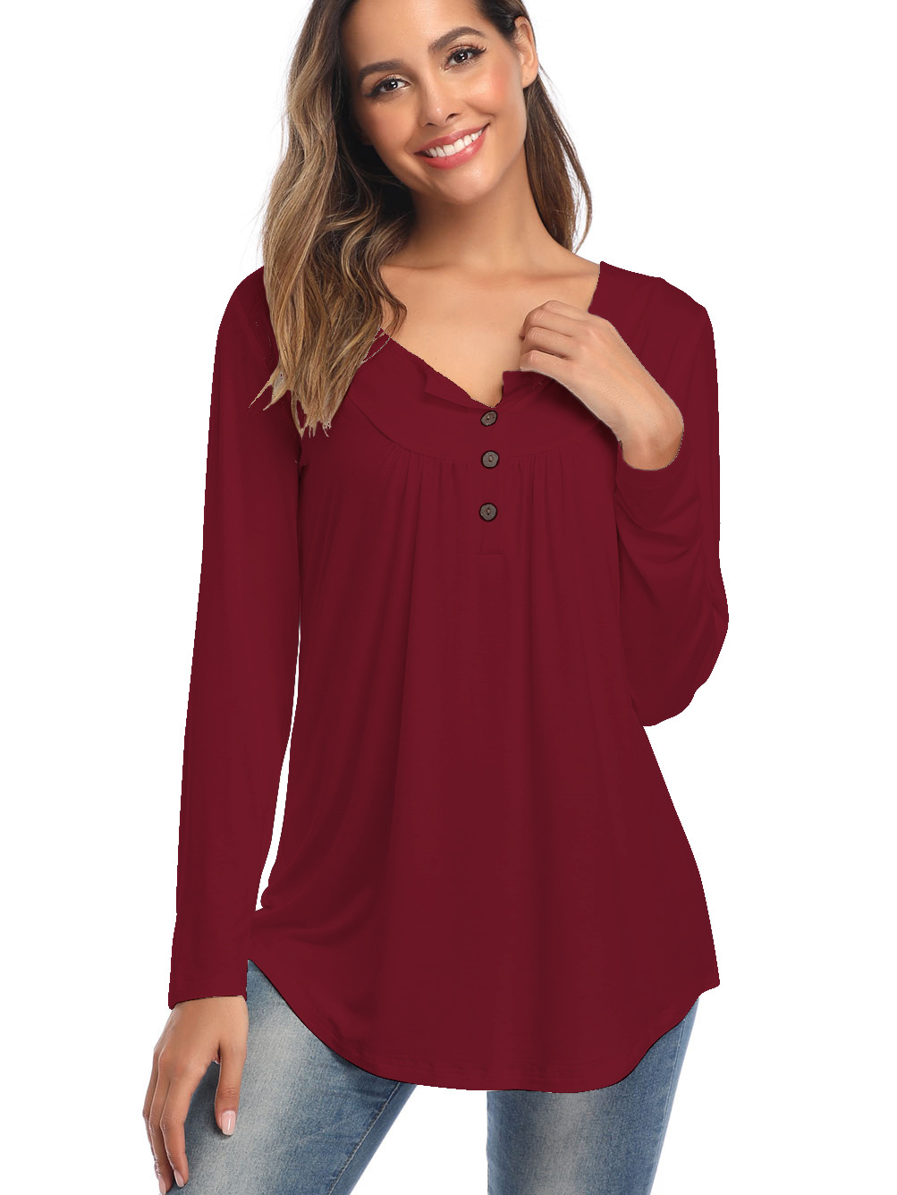 Amazon Popular 2019 Autumn New Large Size Dress V-neck Button Long-Sleeved Upper Garment Plain Pleated Loose T-shirt Amazon Popular 2019 Autumn New Large Size Dress V-neck Button Long-Sleeved Upper Garment Plain Pleated Loose T-shirt