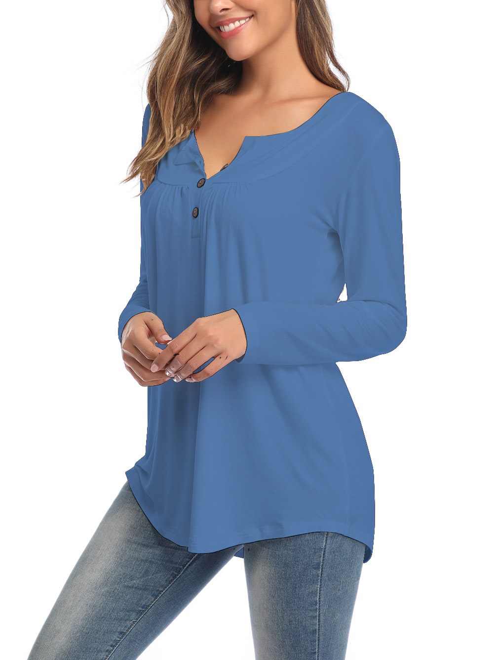 Amazon Popular 2019 Autumn New Large Size Dress V-neck Button Long-Sleeved Upper Garment Plain Pleated Loose T-shirt Amazon Popular 2019 Autumn New Large Size Dress V-neck Button Long-Sleeved Upper Garment Plain Pleated Loose T-shirt