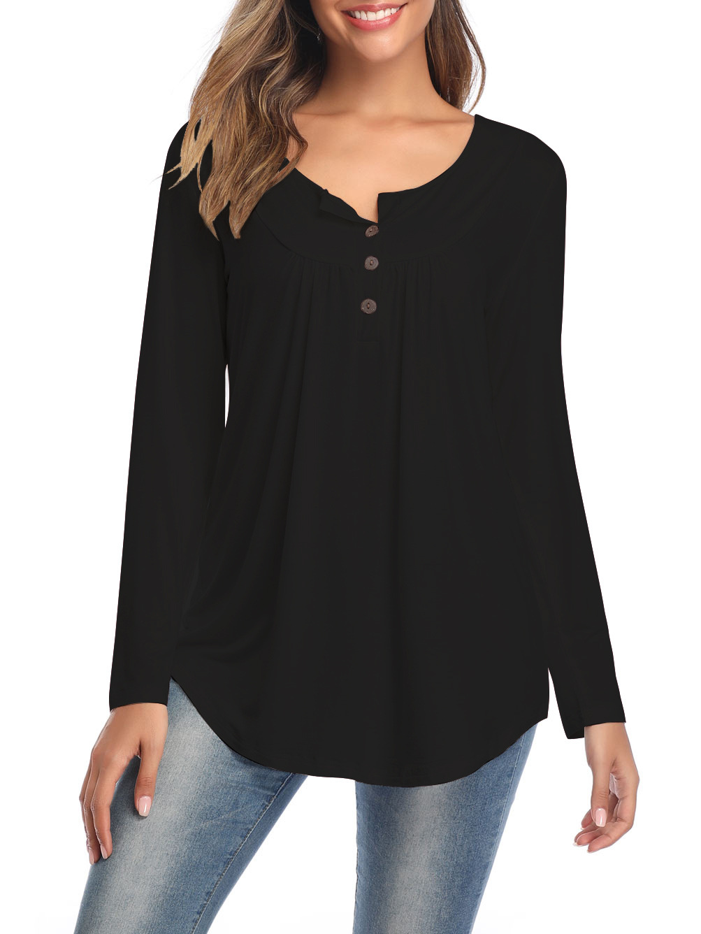 Amazon Popular 2019 Autumn New Large Size Dress V-neck Button Long-Sleeved Upper Garment Plain Pleated Loose T-shirt Amazon Popular 2019 Autumn New Large Size Dress V-neck Button Long-Sleeved Upper Garment Plain Pleated Loose T-shirt